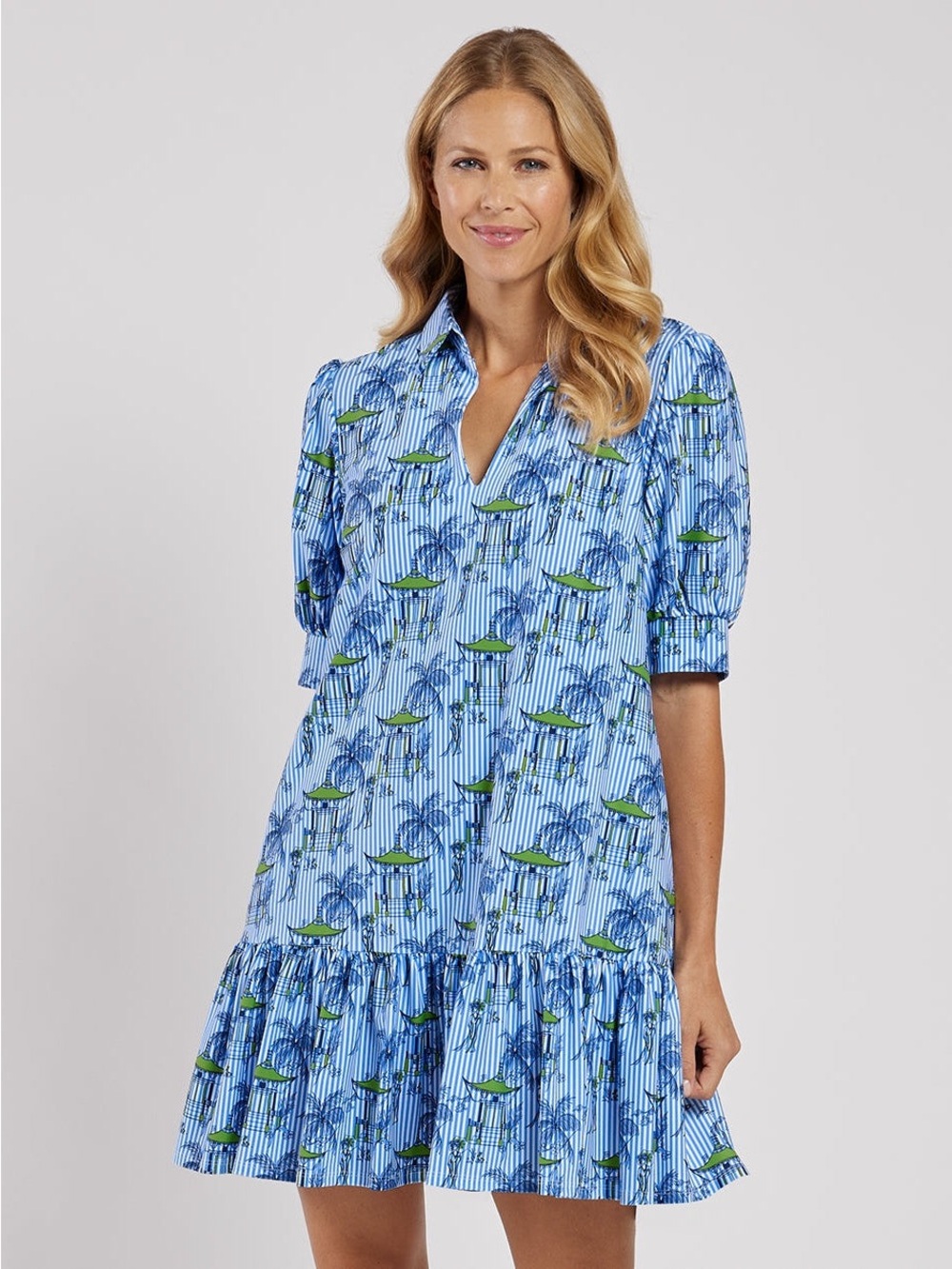 NWT JUDE CONNALLY TIERNEY DRESS PAGODA PINSTRIPE BLUE